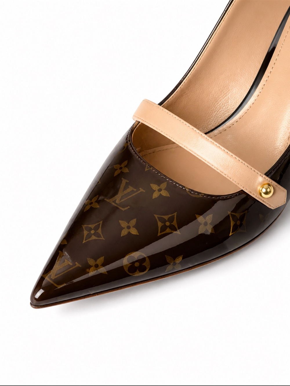Louis Vuitton Patent Leather Monogram Brown Gold Pointed Toe  Heels Original Box